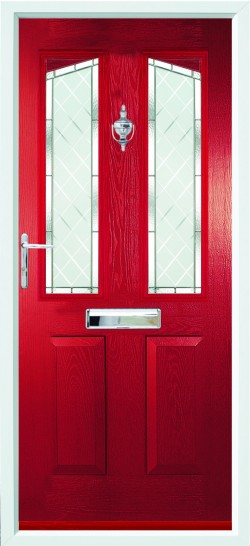 Harlech composite door in Red with Brilliante glass.