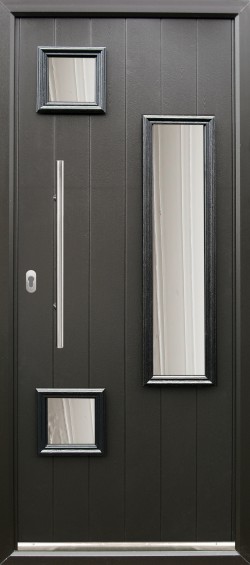 Messina composite door shown in Black with matching Black frame, ES 3 650mm Door handle and key only security locking option.