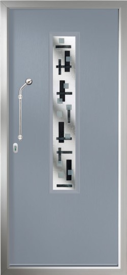 The Monza composite door shown in French Grey with Bistrita glass, chrome finish handle and multi point locking.