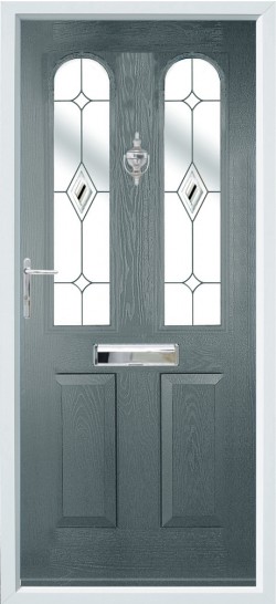 Nottingham composite door in Grey with Butterscotch glass.