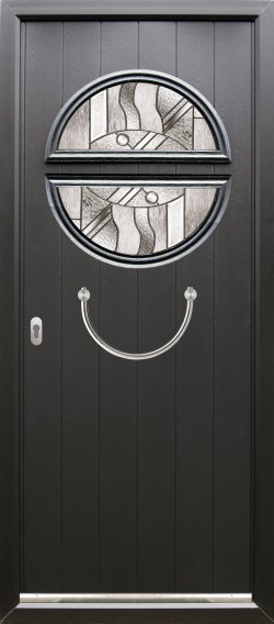 Pisa composite door shown in Black with matching Black frame and ES 23 semi-circular door handle, abstract glass and key only locking option.