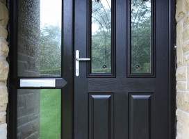 Harlech 2 composite door in Black with Jewel glass and side panel.