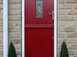 Ancona stable door in Red with bespoke glass.