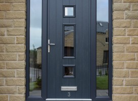 Genoa composite door with integrated top and side lights in Grey with etched glass design.